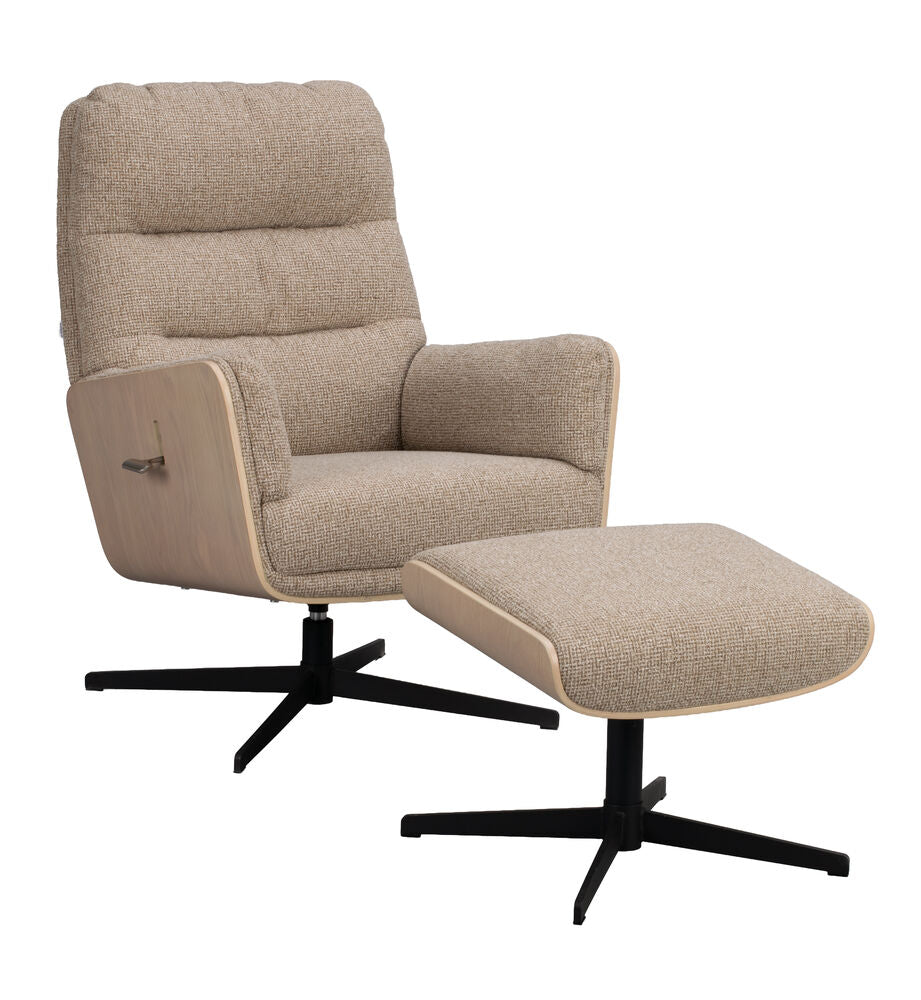 Broderick fåtölj+fotpall mellanbeige tyg/vitpigment ek