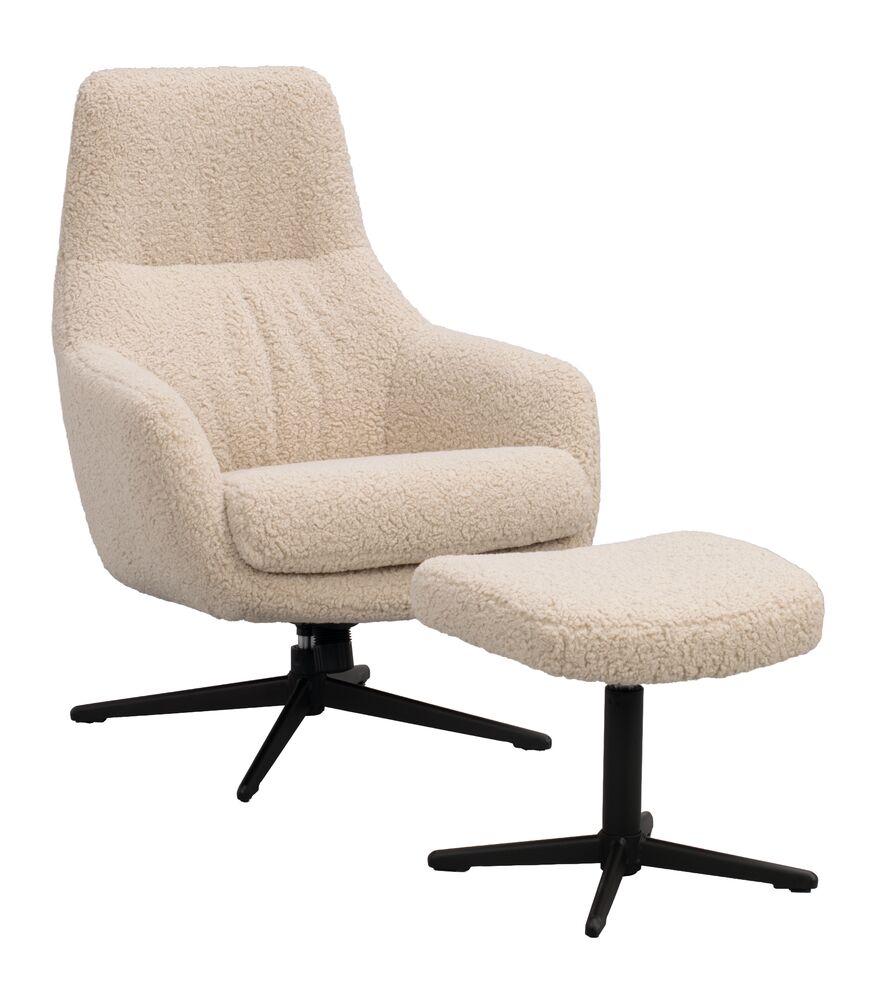 Kersey fåtölj+fotpall ljusbeige fårskinnslook/brun metall snurr, gung