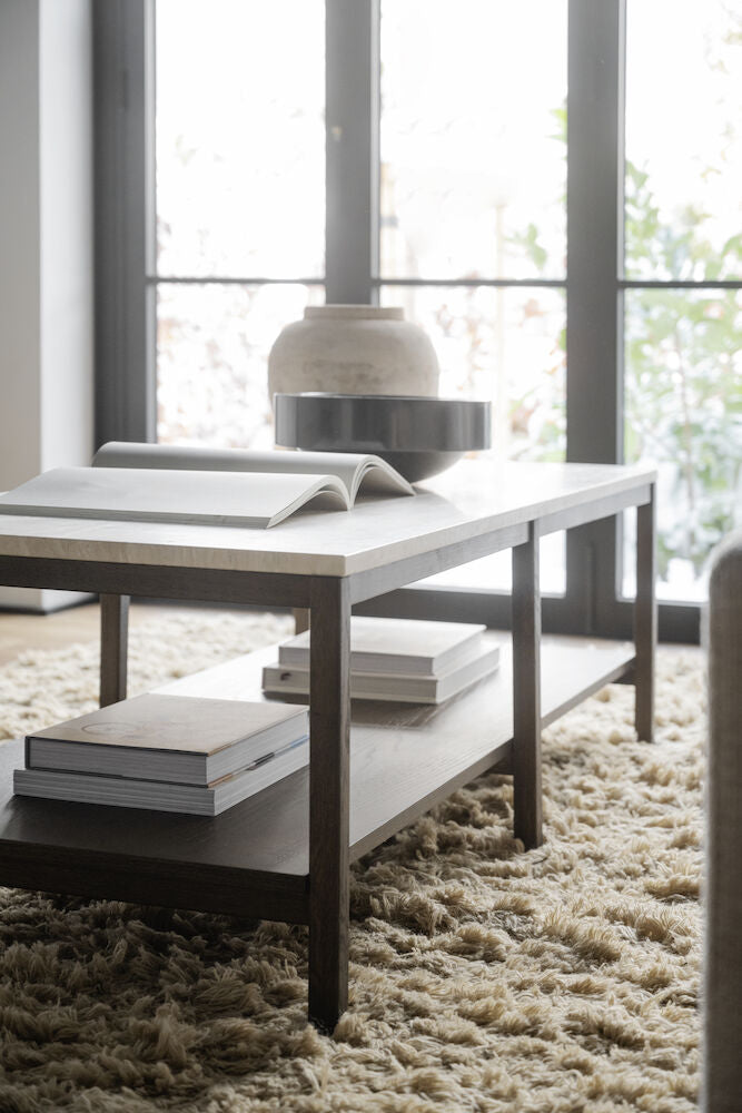 Orwel soffbord 140x60 beige travertin/brun ek