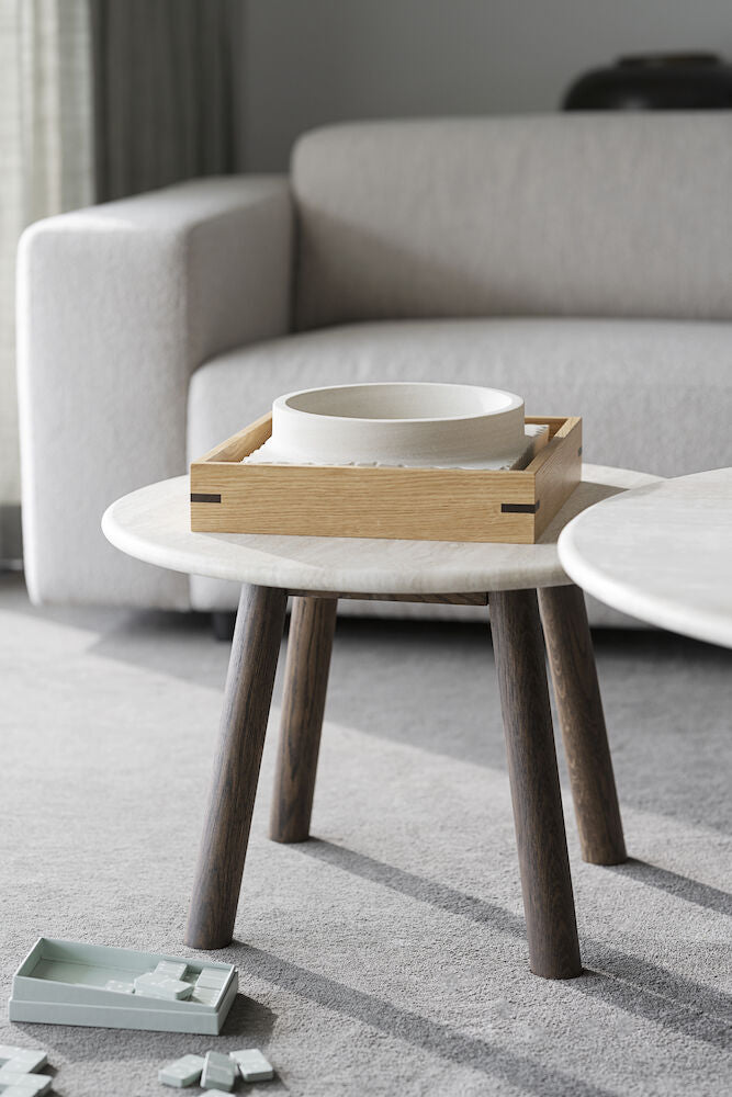 Taransay soffbord Ø60 beige travertin/brun ek