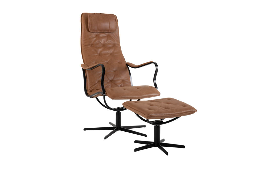 Chic fåtölj med fotpall läder Vintage cognac