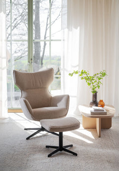 Jenkins fåtölj+fotpall beige tyg/svart metall snurr, gung