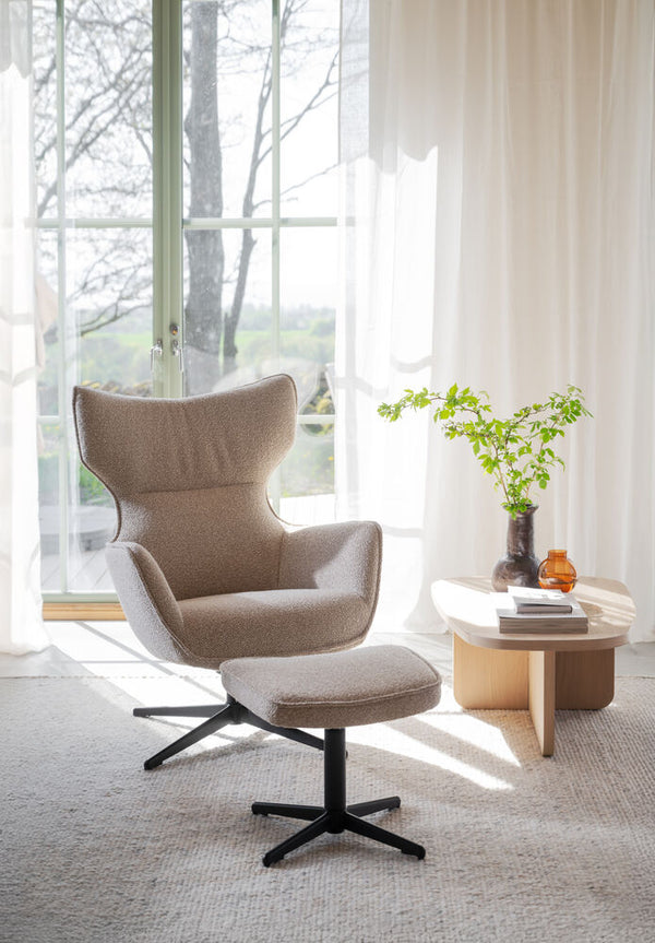 Jenkins fåtölj+fotpall beige tyg/svart metall snurr, gung