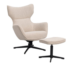 Jenkins fåtölj+fotpall beige tyg/svart metall snurr, gung