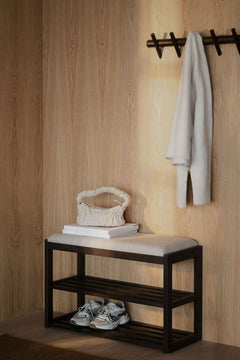 Confetti skoställ/sittbänk 80 brunlackad ek/beige tyg