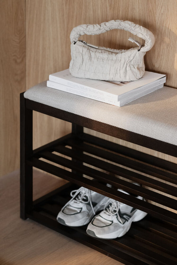 Confetti skoställ/sittbänk 80 brunlackad ek/beige tyg