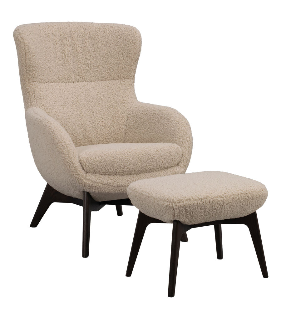 Dunbrody fåtölj+fotpall ljusbeige fårskinnslook/bruna ekben