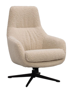 Kersey fåtölj+fotpall ljusbeige fårskinnslook/brun metall snurr, gung