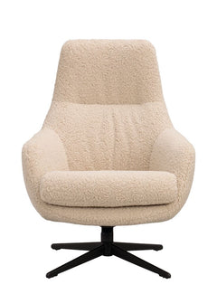 Kersey fåtölj+fotpall ljusbeige fårskinnslook/brun metall snurr, gung