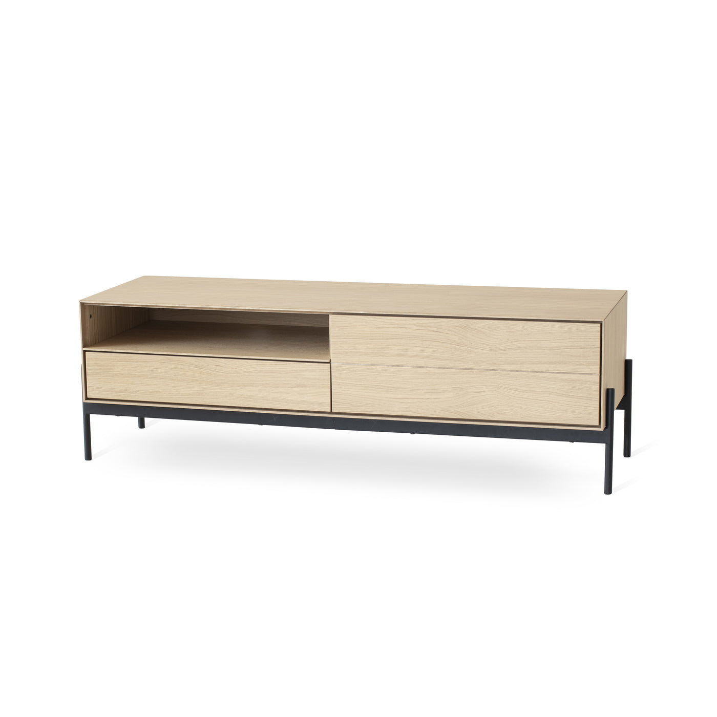 Ale mediabänk 144 cm vitoljad ek, svart metallunderrede