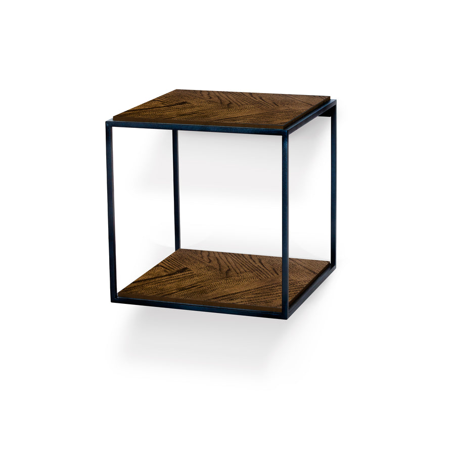 Lime sängbord vägghängt 34x34 cm brunbetsad ek fiskben/svart metallund