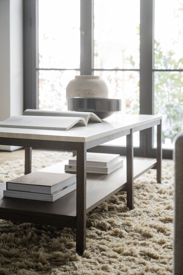 Orwel soffbord 140x60 beige travertin/brun ek