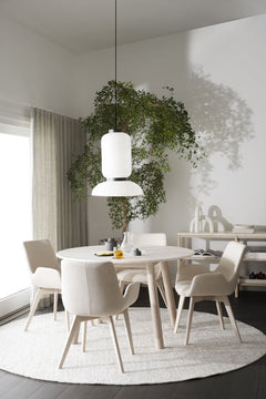 Taransay matbord Ø125 beige travertin/vitpigmenterad ek