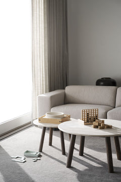 Taransay soffbord Ø90 beige travertin/brun ek