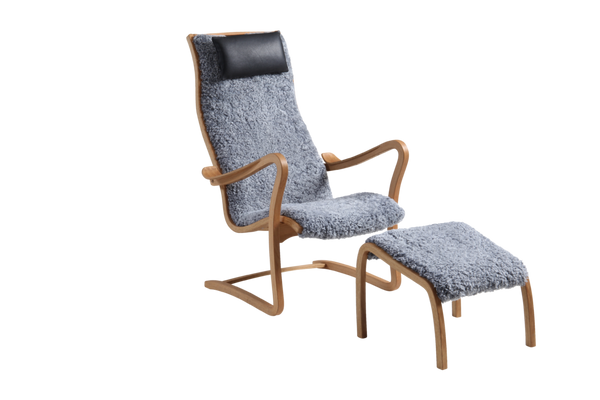 Majoren fåtölj med fotpall fårskinn grå
