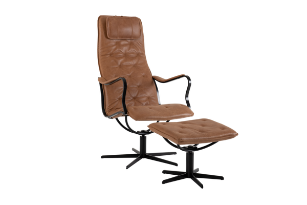 Chic fåtölj med fotpall läder Vintage cognac