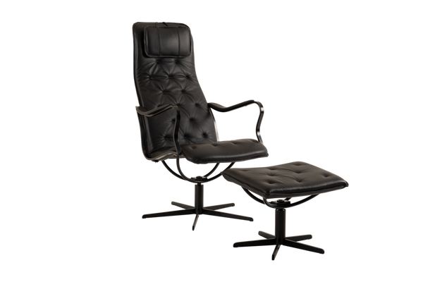 Chic fåtölj med fotpall läder Classic svart